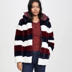 KULE Spooner Faux Fur Jacket - Burgundy, Navy, and White